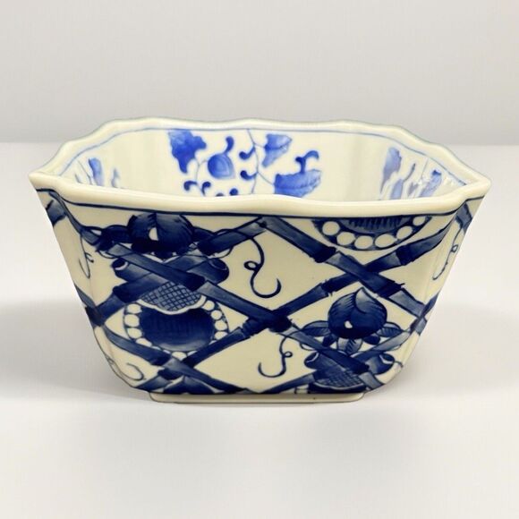 Rare vintage Chinese bamboo floral blue white Porcelain square serving bowl 8.5”